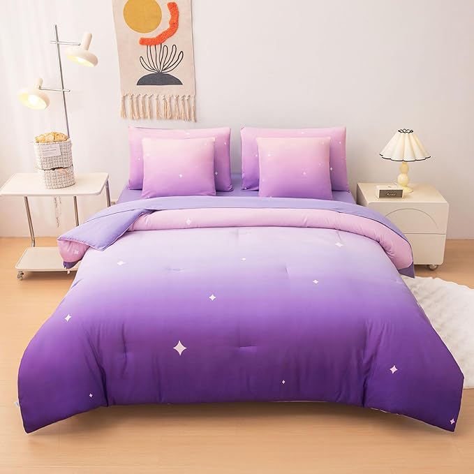 Rainbow Bedding Set Twin Size – 7 Piece Reversible Girls Comforter with Deep-Pocket Sheet, Gradient Galaxy Design, Whole-Piece Filling, Machine Washable Bed-in-a-Bag for Kids Room Makeover & Gifts