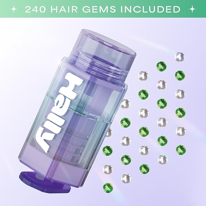 Hally Hair Gem Tool with Extra Clear & Green Gems, Hair Accessory- Includes Hair Styling Tool with 240 Multicolored Adhesive Gem Stickers Hair Jewels - Stylish Hair Accessories