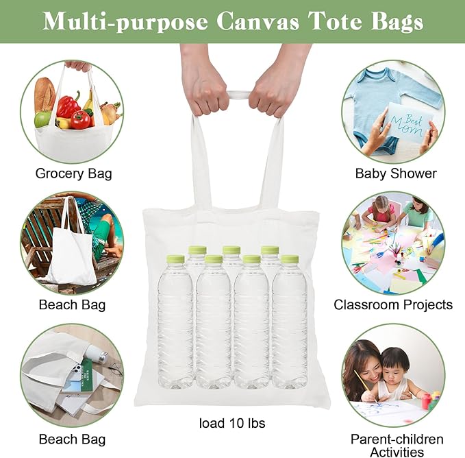 Roowest 120 Pieces Cotton Tote Bag Bulk 15 x 16 Inch Blank Canvas Tote Bags Reusable with Long Handle for Women Men DIY(White)