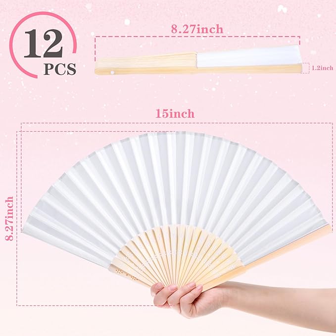 JOHOUSE 12 Pcs Wedding Fans, 8.3 Inch White Folding Hand Fans for Women, Wedding Guest Gifts, Party Favors, Dancing Props, DIY Crafts & Summer Cooling