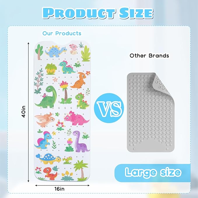 Baby Bath Mat for Tub Non Slip Kids Bathtub Mat Extra Long 40X16 Inch Toddler Bath Tub Shower Mat Anti Slip with Suction Cups & Drain Holes, Machine Washable (Forest Dinosaur)