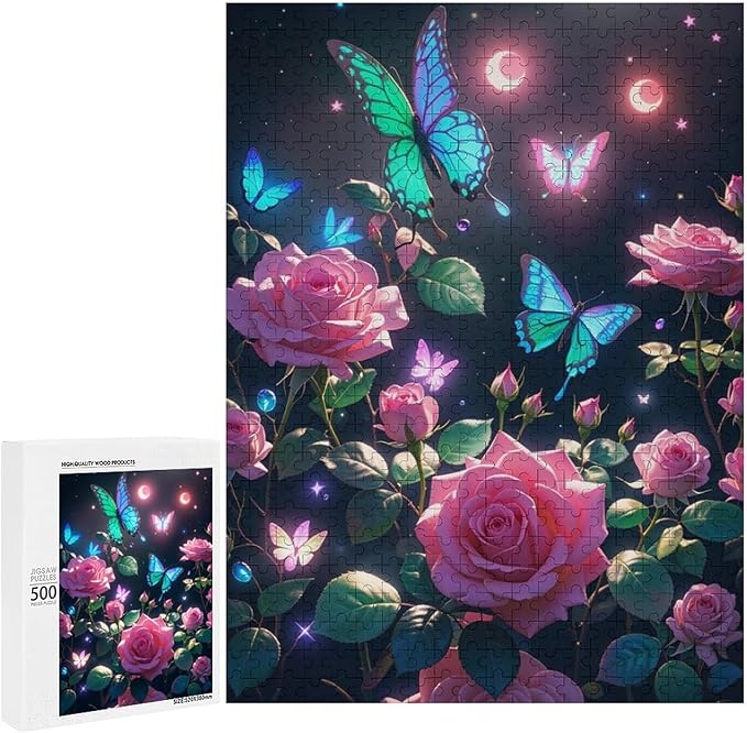 Wooden Puzzles 500 Piece，Butterfly and Rose Themed Jigsaw Puzzles，Family Puzzles，Unique Gifts for Wall Art，Funny Puzzles，Stress Relief Games，Puzzle Games