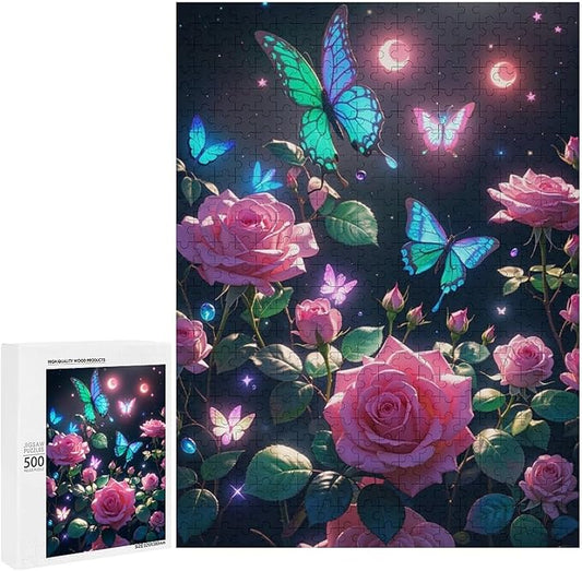 Wooden Puzzles 500 Piece，Butterfly and Rose Themed Jigsaw Puzzles，Family Puzzles，Unique Gifts for Wall Art，Funny Puzzles，Stress Relief Games，Puzzle Games