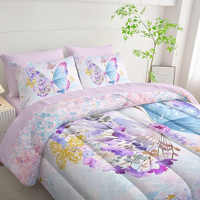 7Pcs Cartoon Butterfly Comforter Set Watercolor Printed Bedding Set with 1 Comforter, 1 Flat Sheet, 1 Fitted Sheet and 4 Pillowcases for Bedroom All Season(Butterfly-3 Queen)