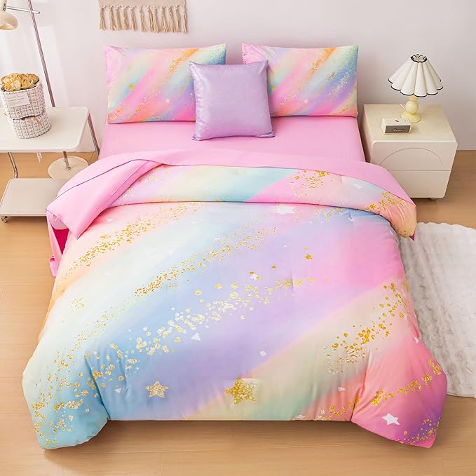 Rainbow Bedding Set Twin Size – 6-Piece Reversible Girls Comforter with Deep-Pocket Sheet, Gradient Galaxy Design, Whole-Piece Filling, Machine Washable Bed-in-a-Bag for Kids Room Makeover & Gifts