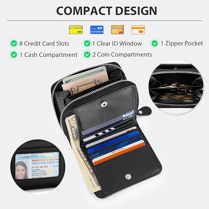 Genuine Small Wallet for Women, Slim RFID Blocking Credit Card Holder with ID Window, Compact Purses for Women with 22 Card Slots