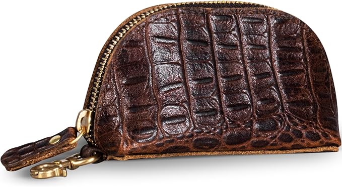 Gexmil Genuine Leather Coin Purse with Zipper, Full Grain Leather, Mini Coin Pouch for Women Men, Change Wallet,Crocodile Brown