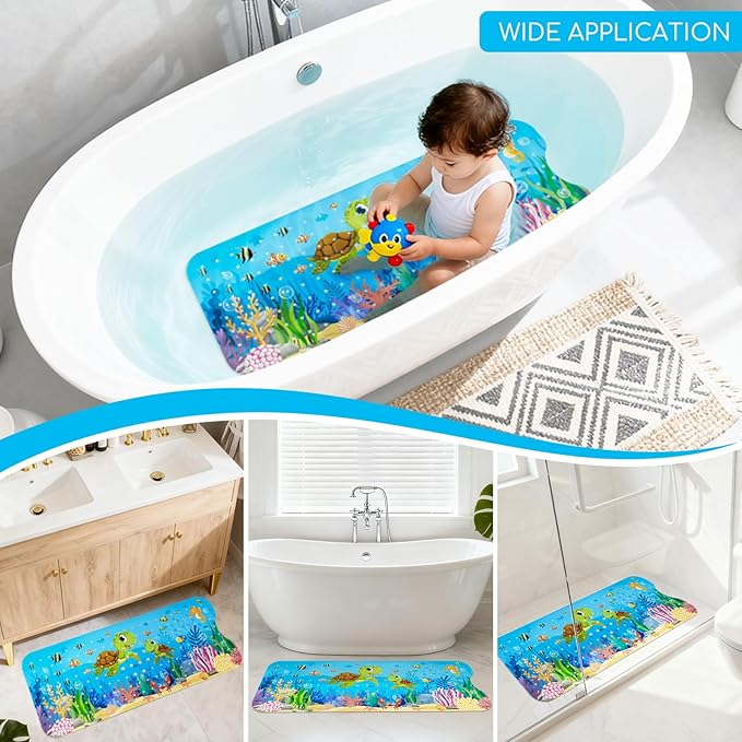 Baby Bath Mat for Tub, Non Slip Kids Bath Shower Mat, 40 X 16 Inch Large Bathtub Mat with Drain Holes and Suction Cups for Toddlers, Machine Washable and Waterproof (Turtle)