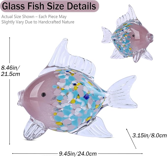 Large Glass Fish Figurine for Home Decor, Hand Blown Art Glass Ocean Animal Statue, Decorative Coastal and Beach Themed Sculpture for Table, Shelf, Bathroom, Living Room or Office