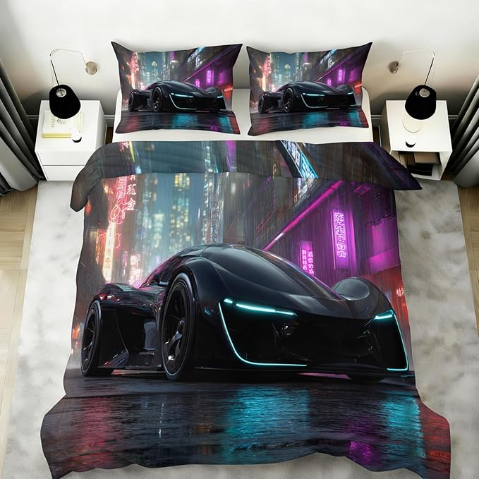 Supercar Duvet Cover Full Size Sports Car Bedding Set Sci-Fi Racing Car Comforter Set Neon Cityscape Duvet Cover with Pillowcases for Bedroom