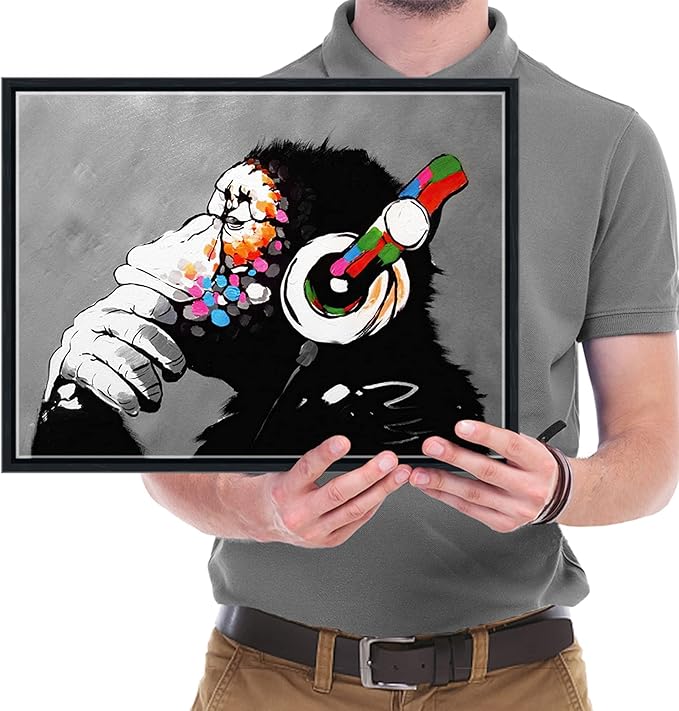 Wieco Art Black Framed Monkey With Headphones Banksy Graffiti Art Abstract Canvas Paintings Prints Animal Canvas Wall Art for Wall Decor and Home decorations Office Decor