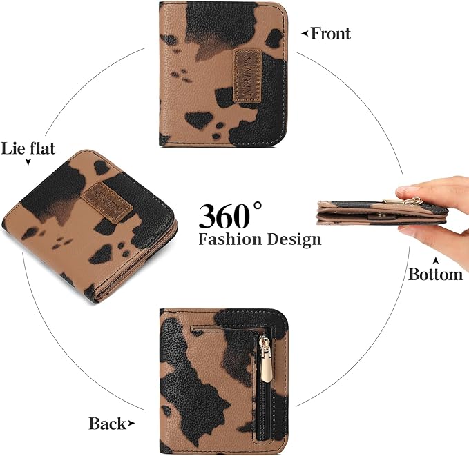 SENDEFN Slim Wallet for Women Bifold Small Leather Zipper Pocket Wallet, RFID Blocking Card Holder with ID Window