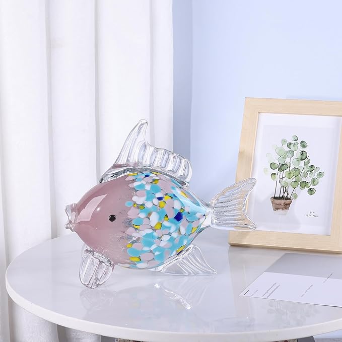 Large Glass Fish Figurine for Home Decor, Hand Blown Art Glass Ocean Animal Statue, Decorative Coastal and Beach Themed Sculpture for Table, Shelf, Bathroom, Living Room or Office