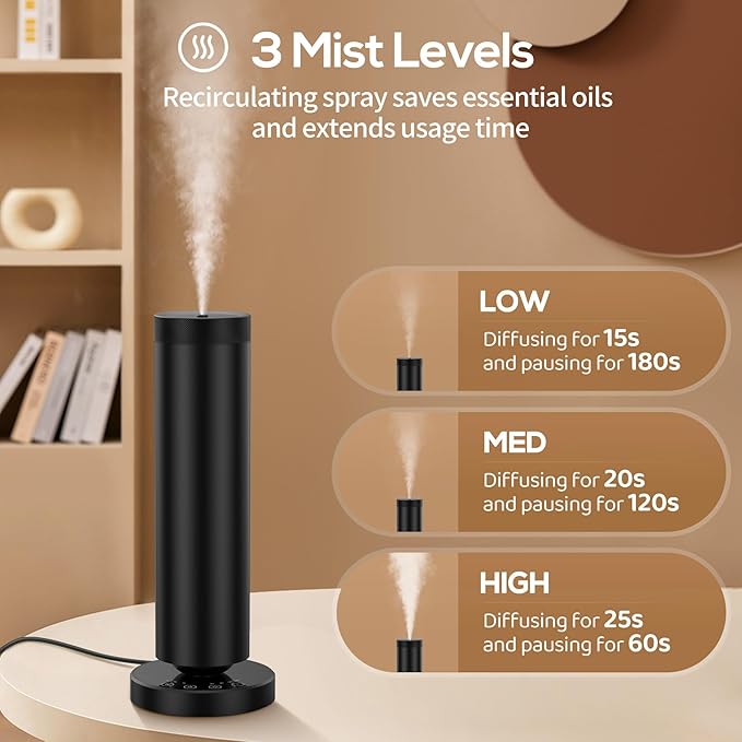 Waterless Diffuser with 90ML Essential Oils, Covers 1000 Sq Ft, Diffusers for Home Hotel, Adjustable Mist & Timer, Scent Diffuser Starter Kit with Night Light, Corded Electric,Black