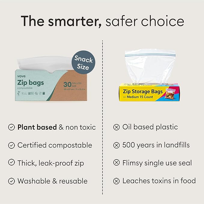 Vove Compostable Snack Bags, Small 50 Count – Freezer Safe, Leak Resistant, Non Toxic, Writable & Reusable Food Storage, Plastic-Free Eco Bags