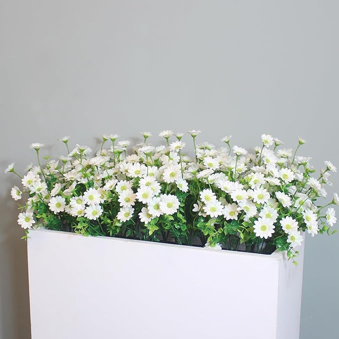 alyptus Fake Flowers for Outdoors 8 Bundles White Silk Artificial Sunflower Plants Faux Greenery for Wedding Home Garden Window Box Outdoor Planters Decor (White Fake mums)
