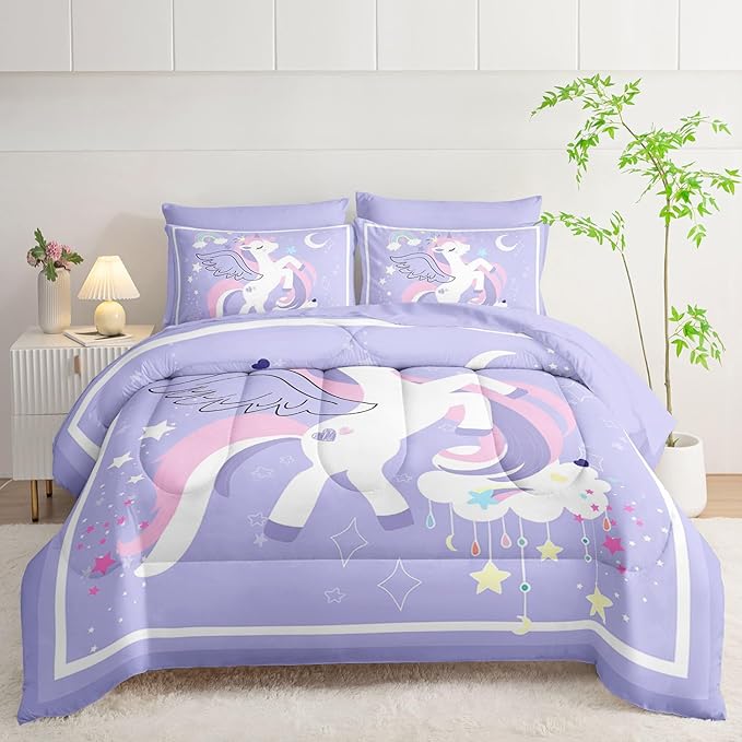 7Pcs Comforter Set Cartoon Purple Unicorn Printed Bedding Set with 1 Comforter,1 Flat Sheet,1 Fitted Sheet and 4 Pillowcases for Boys and Girls Bedroom All Season(Full)