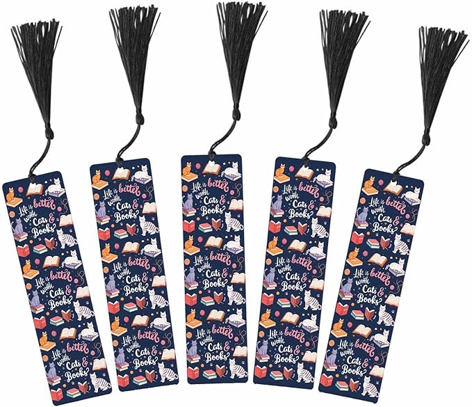 Cat Bookmarks 5 Pcs Cute Funny Animal Book Life Wooden Bookmark with Tassels for Reading Book Lovers Gift Office School Readers Teacher