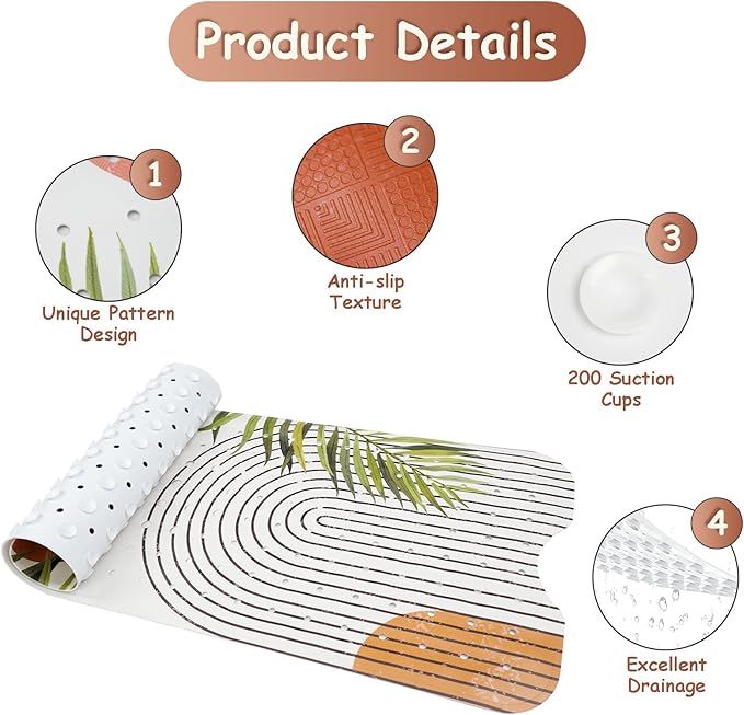 Bathtub Mat Non Slip, Bohemia Extra Long Bath tub Mat Shower Floor Mat with Suction Cups and Drain Holes for Adults Kids Elderly 40 X 16 Inch
