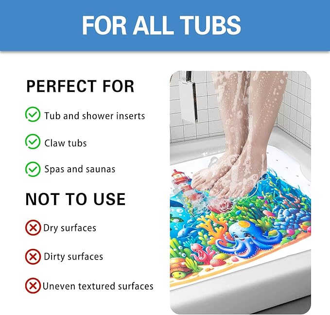 Kids Bath Mat with Ocean Theme Design, 40x16 inches, Non-Slip with 200 Suction Cups, Cartoon Sea Animals Pattern (Turtle+Whale, 40 * 16in)