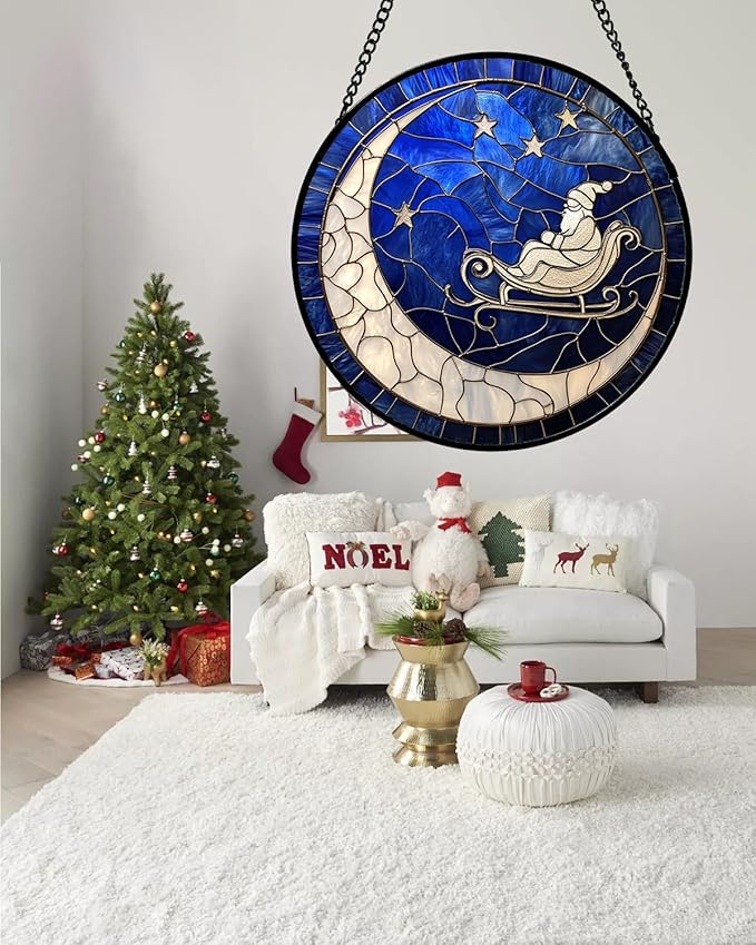 Stained Glass Window Hangings - Blue White Moon Stars Suncatcher for Door Home Christmas Decor Dream Sun Catcher Thanksgiving New Year Birthday Gifts for Women Men Mom Nana 9.8 in