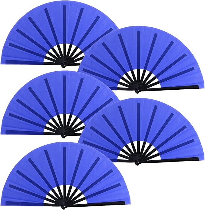 Huralona 5 Pack Large Folding Hand Clap Fan Fabric Rave Popping Fans Chinese Kung Fu Tai Chi Hand Fan Festival Dance Gift Performance Decorations (Dark Blue)
