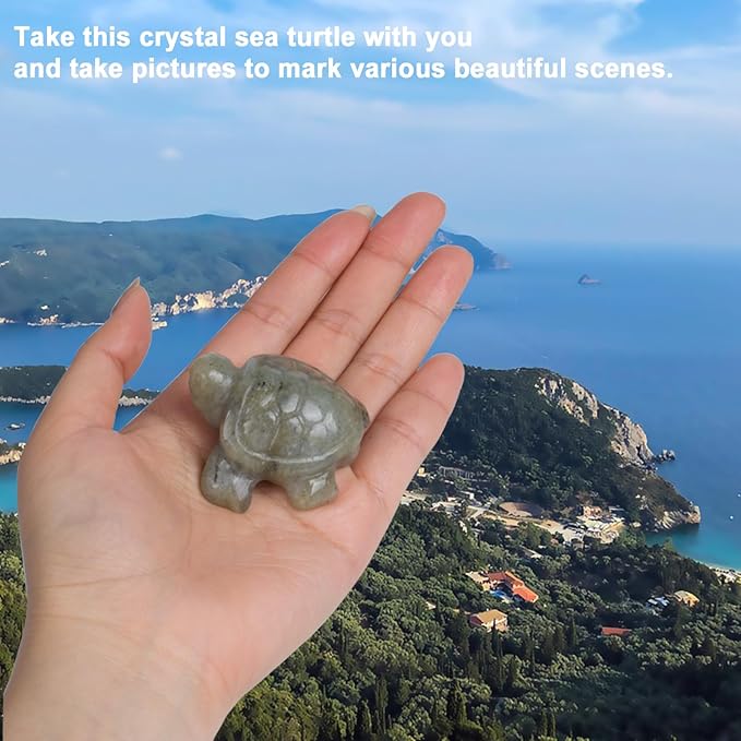 Crystal Travel Sea Turtle Figurines, Labradorite Sea Turtle Travel Gifts for Women Men Travelers, Hand Carved Good Luck Charm, Spiritual Companion Collectible Animal Statue Decors 2.1”