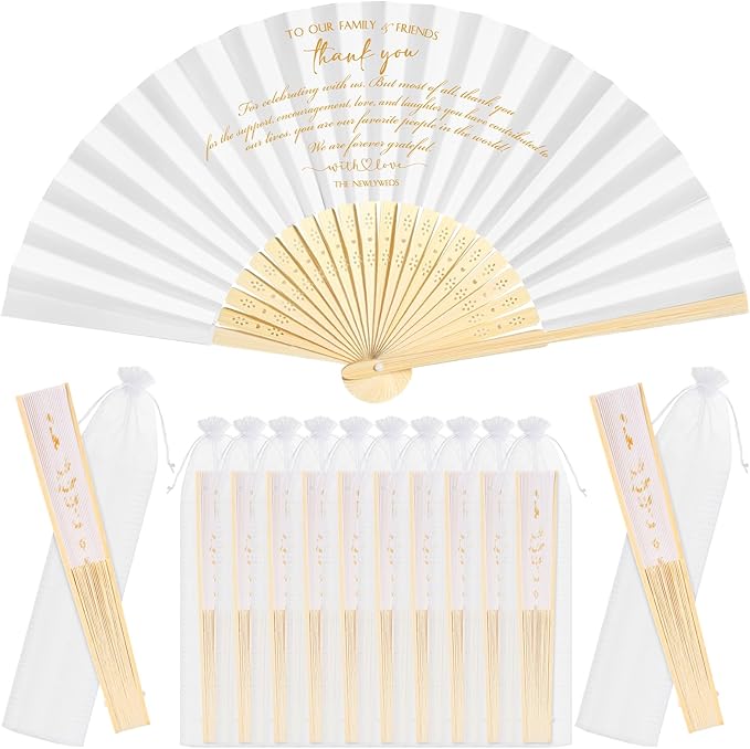 Menkxi 30 Pcs Silk Fabric Folding Fans Bulk for Wedding Guests Thank You Bamboo Folded Hand Fan for Bridal Shower Decoration Favor Vintage Handheld Fans Souvenirs with Organza Bag (White,Classic)