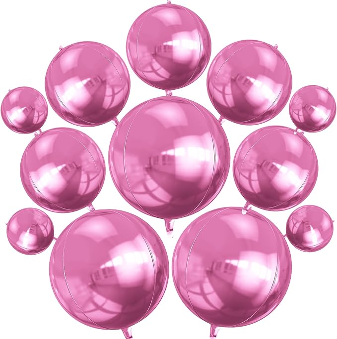 12PCS Pearl Pink Round Foil Balloons, 22" 15" 10" Large 4D Ball Balloons Metallic Pearl Pink Mirror Balloon for Graduation Valentines Day Wedding Women Girls Birthday Party