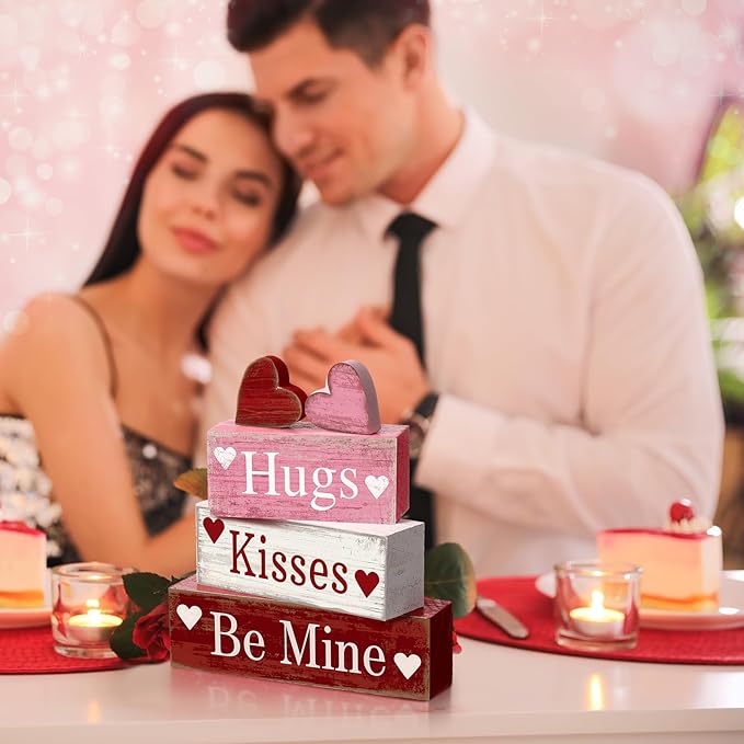 4 Pcs Valentine's Day Table Decorations Wooden Heart Valentine Tiered Tray Decor Valentine Day Centerpiece Rustic Decorative Heart Block Signs Gift Farmhouse Valentines Decor for Home Kitchen