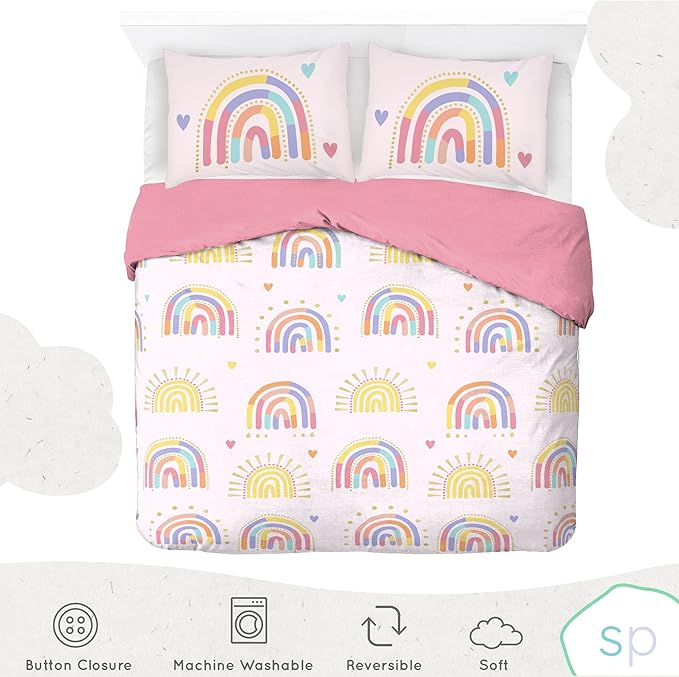 Saturday Park Doodle Rainbow Full/Queen Duvet Cover & Sham Set - 3 Piece 100% Organic Cotton Duvet Set - GOTS & Oeko-TEX Certified