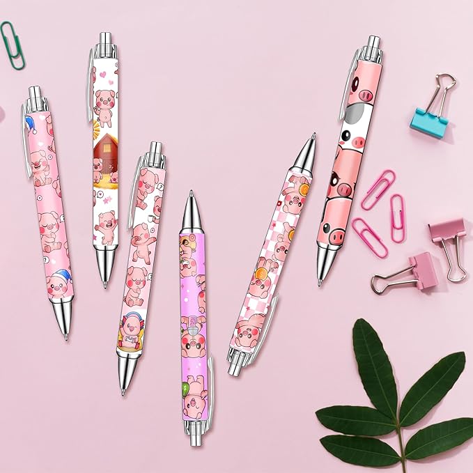 Idealmuzik Pink Pig Pens Set – Cute Piggy Gel Pens for Animal Lovers – Fun Writing Stationery Gift for Office, or Journaling – New Year Gifts, 6 Pack