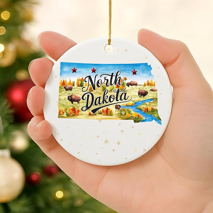 USA State Landmark Ceramic Ornament – Round Glossy Christmas Decoration Featuring U.S. State Art, Landmarks & Holiday Scenery – Collectible Travel Souvenir Ornament Series (North Dakota)