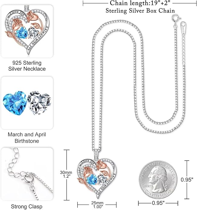 Iefil Valentines Day Gifts for Her - 925 Sterling Silver Rose Heart Birthstone Necklace Birthday Anniversary Jewelry Gifts for Her Wife Mom Daughter