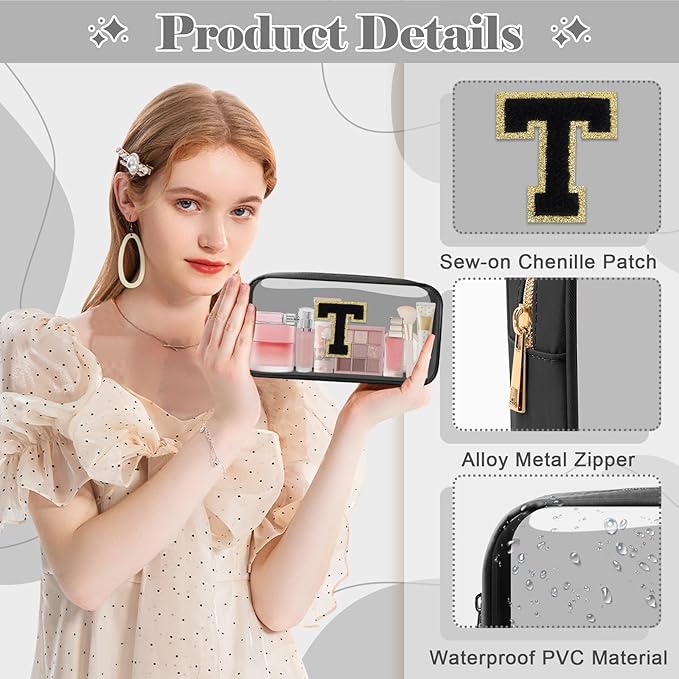 Personalized Initial Letter Clear Makeup Bag,Preppy Small Nylon&PVC Cosmetic Zipper Bag with Chenille Letter,Travel Skincare Toiletry Bag,Monogram Christmas Gift for Teen Girls Women,T