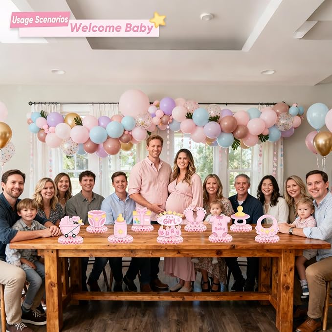 9Pcs Baby Shower Decorations Honeycomb Centerpieces for Girl, Cute Pattern It's a Girl Gender Reveal Table Centerpiece, Gender Reveal Party Supplies (Pink)