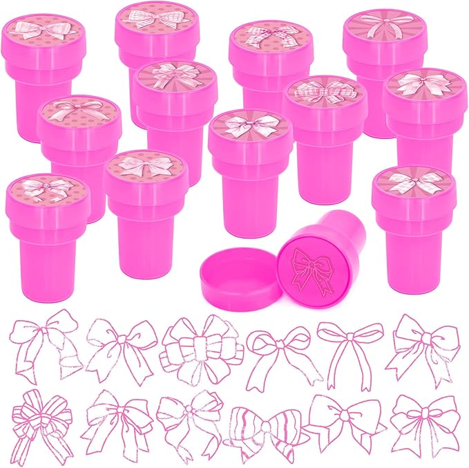 Cinrobiye 24 Pcs Pink Bow Party Favor Stampers,Coquette Pink Bow Party Supplies, Coquette Bow Birthday Party Favors Gifts,Classroom Rewards Carnival Prizes, Goodie Bag Pinata Fillers