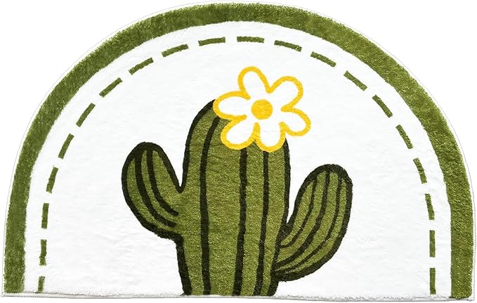Washable Cute Bath Mat for Bathroom,31x20 Half Circle Non-Slip Small Thin Soft Bath Rugs, Absorbent Water Quick Dry Bath mats, Plush Carpet for Bathtub, Boho Farmhouse Decor (Green Cactus)