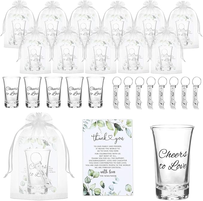 25 Set Wedding Favors for Guests Bulk,Acrylic Cheers to Love Wedding Shot Glasses with Bottle Opener Thank You Cards and Organza Bags,Souvenirs for Guests