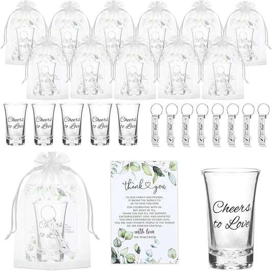 25 Set Wedding Favors for Guests Bulk,Acrylic Cheers to Love Wedding Shot Glasses with Bottle Opener Thank You Cards and Organza Bags,Souvenirs for Guests