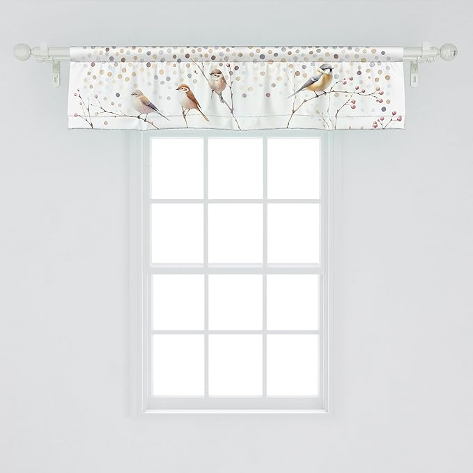 Ambesonne Birds and Nature Window Valance Pack of 2, Aquarelle Look Wingy Animals on Branches Polka Dot Back Fall, Rod Pocket Curtain Valances Kitchen Bedroom, 54" X 12",Pastel Brown Purpleblue