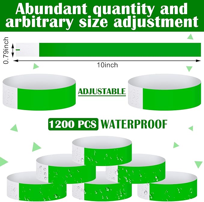 Tudomro 1200 Pack Plastic Paper Wristbands for Events Neon Party Wrist Bands Colored Waterproof Concert Identification Hand Bands Lightweight Adhesive Wristband(Neon Green)