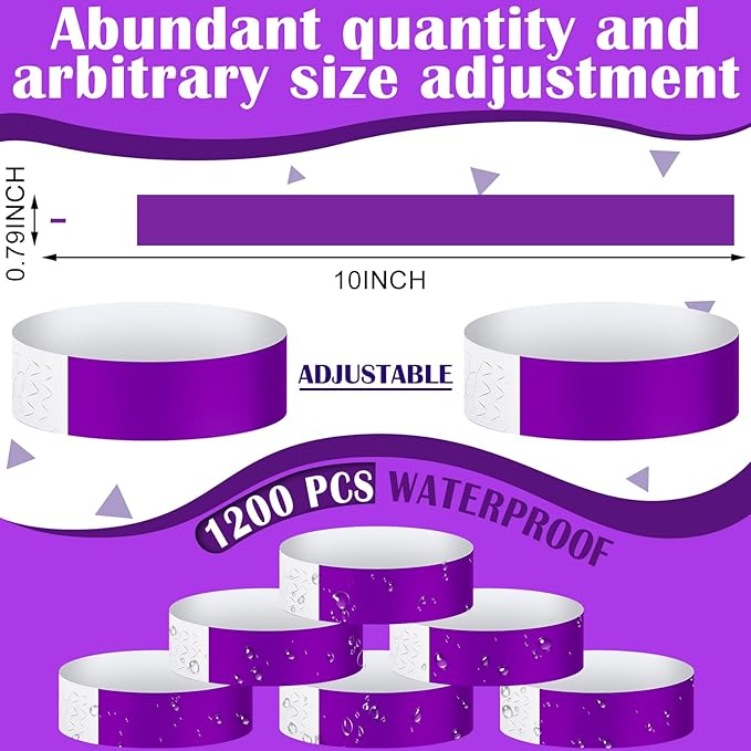 Tudomro 1200 Pack Plastic Paper Wristbands for Events Neon Party Wrist Bands Colored Waterproof Concert Identification Hand Bands Lightweight Adhesive Wristband(Purple)