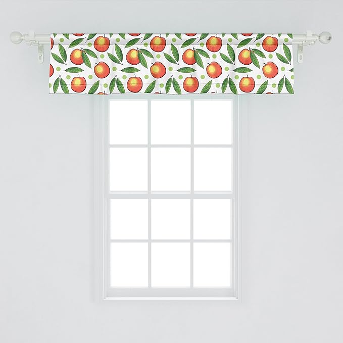 Ambesonne Fruits Window Valance Pack of 2, Repeated Peaches with Leaves and Polka Dots on Plain Background, Rod Pocket Curtain Valances for Kitchen Bedroom, 54" X 12", White Vermilion and Fern Green