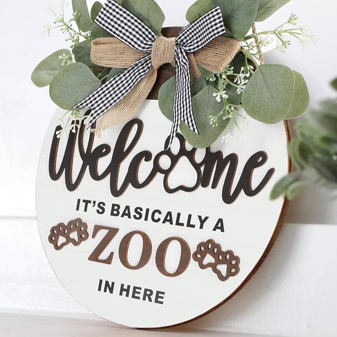 TOARTi 3D Rustic Front Door Welcome Sign Hanging with Bow-Knot Wreath, It's Basically A Zoo in Here Funny Home Porch Wall Decoration, Cute Dog Paws Pet House Decor for Pet Lover Owner Gift