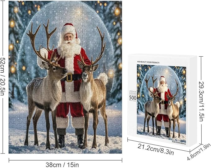 Puzzles for Adults 500 Pieces Wooden Jigsaw Puzzle - Santa Claus and Reindeer Christmas Series Theme Puzzle，Party Games，Family Toys，Educational Puzzles，Stress Relief Wooden Puzzle，Home Decoration