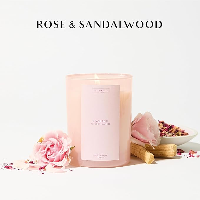 Rose & Sandalwood Scented Candle | 11oz, 60 Hour Burn | Natural Soy Wax, Cotton Wick | Soy Scented Candles for Home Fragrance | Benevolence LA Sun-Kissed Collection - Beach Rose
