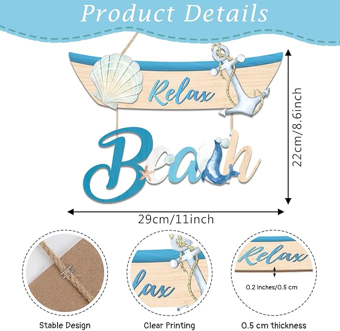 CHDITB Beach Theme Wooden Sign, Nautical Shell Anchor Summer Wooden Hanging Plaque, Relax Beach Front Door Sign Decor, Coastal Boat Beachy Wall Art Sign Hanger For Living Room, Bedroom, Office Coastal Room Decor
