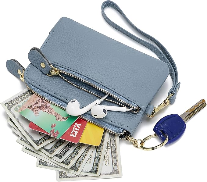 Genuine Leather Coin Purse for Women with Large Opening & Wrist Strap Navy (Blue)