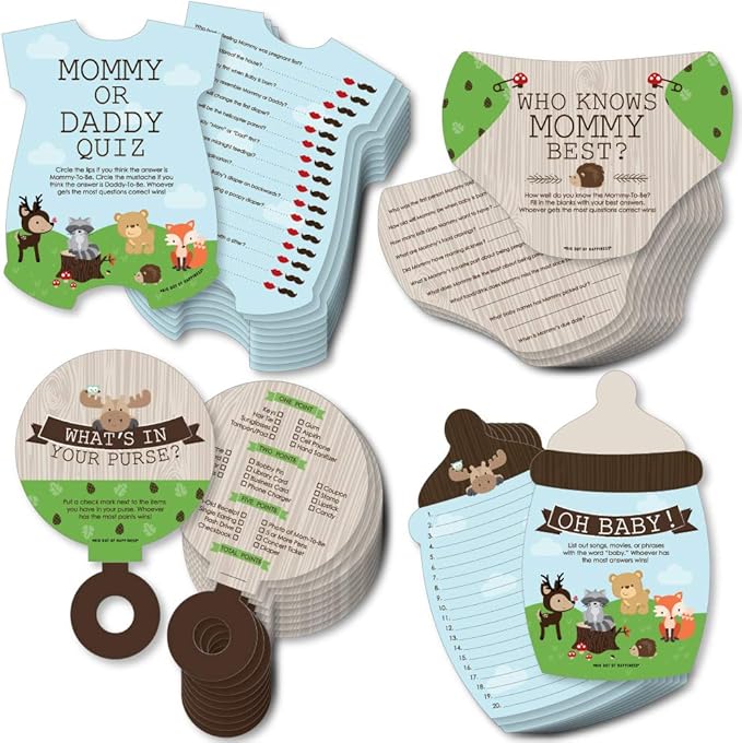 Big Dot of Happiness Woodland Creatures - 4 Baby Shower Games - 10 Cards Each - Who Knows Mommy Best, Mommy or Daddy Quiz, What’s in Your Purse and Oh Baby - Gamerific Bundle